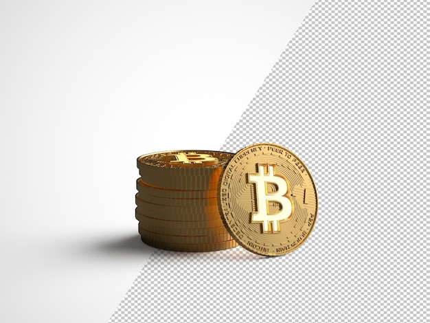 Stapel gouden bitcoin munten op een witte achtergrond mockup. 3d render illustratie.