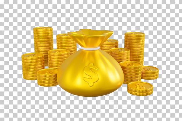 Stapel gouden munten en gouden zak