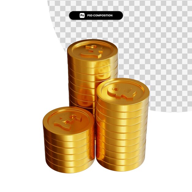 Stapel gouden munten pond in 3d-rendering geïsoleerd