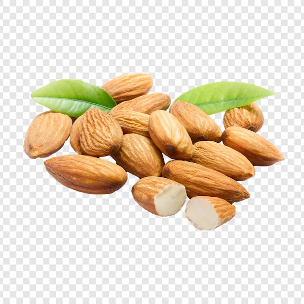Stapel heerlijke amandelen met verse groene bladeren.