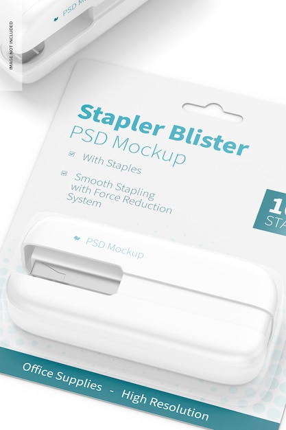 PSD stapler blister mockup, close up