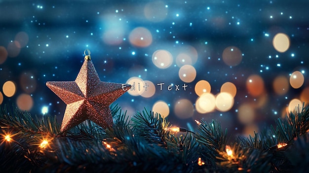 Star ornament on Christmas tree with bokeh lights