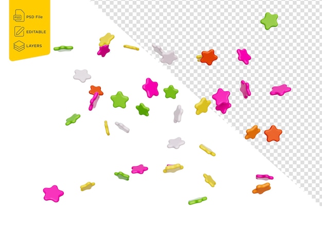 Caramelle colorate a forma di stella che volano in aria su sfondo bianco 3d
