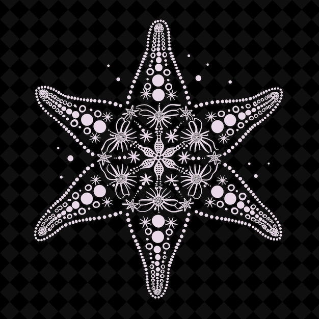 Starfish on a black background with a pattern of white flowers