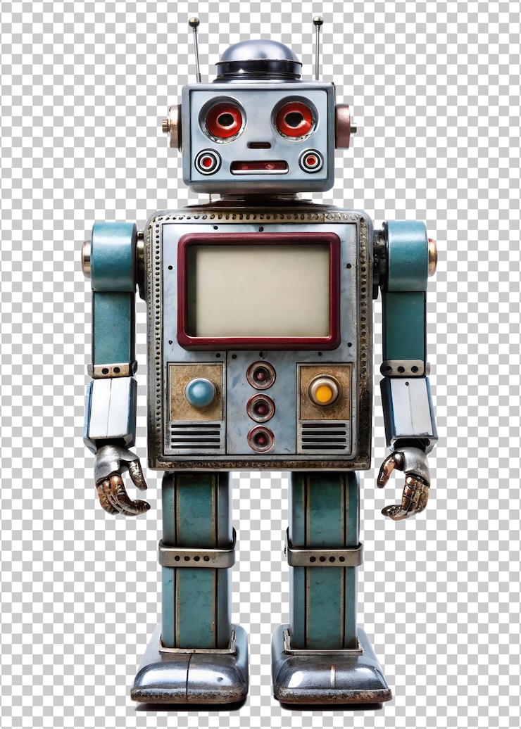 PSD starożytny robot z cyny z retro designem i kolorami