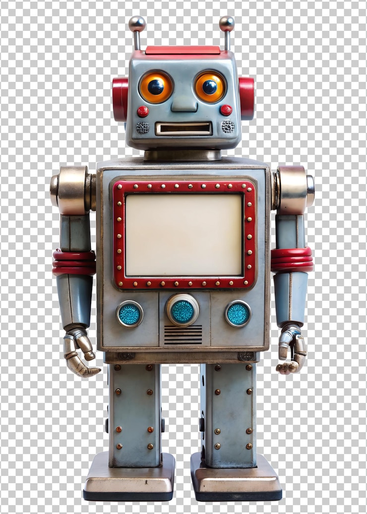 PSD starożytny robot z cyny z retro designem i kolorami