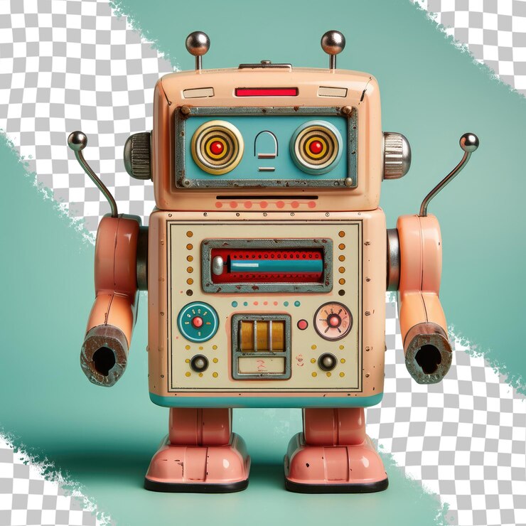 PSD starożytny zabawkowy robot na przezroczystym tle