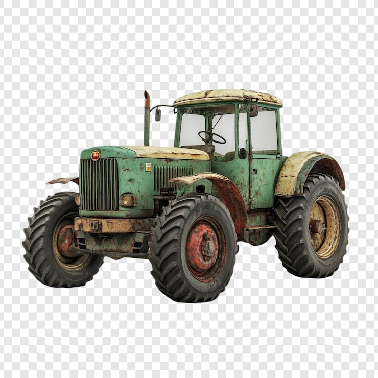 PSD starożytny zielony ciągnik, rustic charm, weathered machine, pojazd rolniczy.