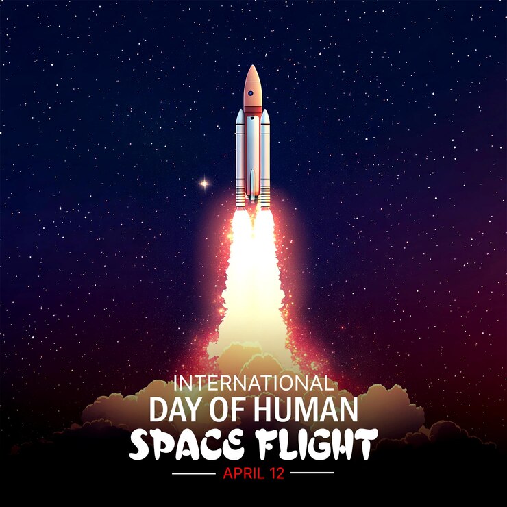 PSD to the stars handcrafted astronaut and rocket illustration for international human space flight day