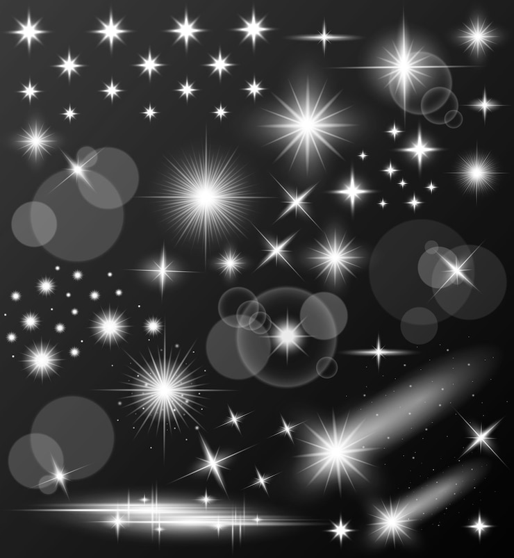 PSD 暗い背景に様々な形状の星と光のクリップアート