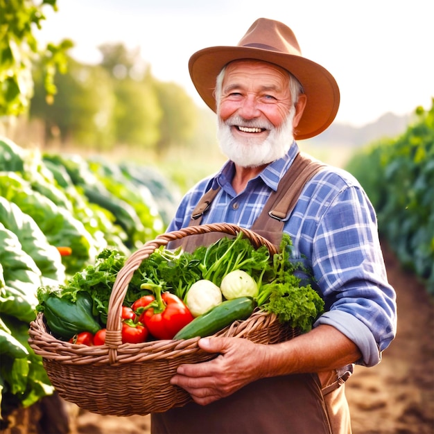 PSD starszy mężczyzna pracujący na polu z skrzynką warzyw