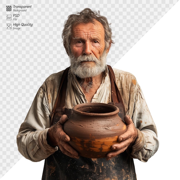 PSD starszy rzemieślnik prezentujący ręcznie wykonane ceramiki z wiedzą