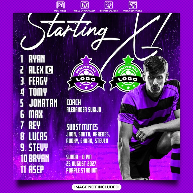 PSD starting eleven football team social media post template