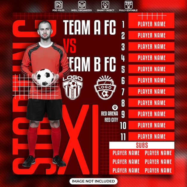 PSD starting eleven soccer social media post template