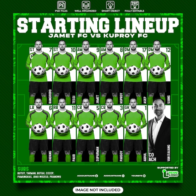 PSD starting line up football sport event flyer or social media template