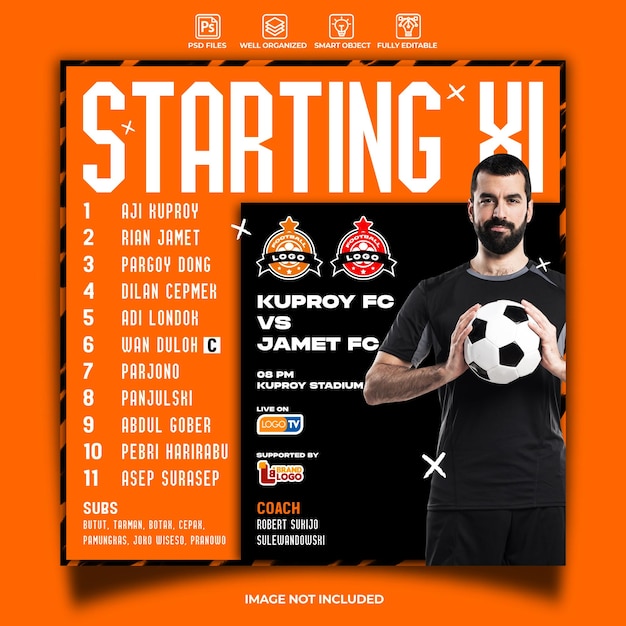 Starting line up soccer sport event flyer or social media template