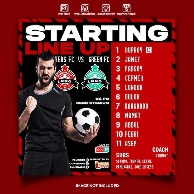 Startopstelling voetbal sport evenement flyer of social media sjabloon
