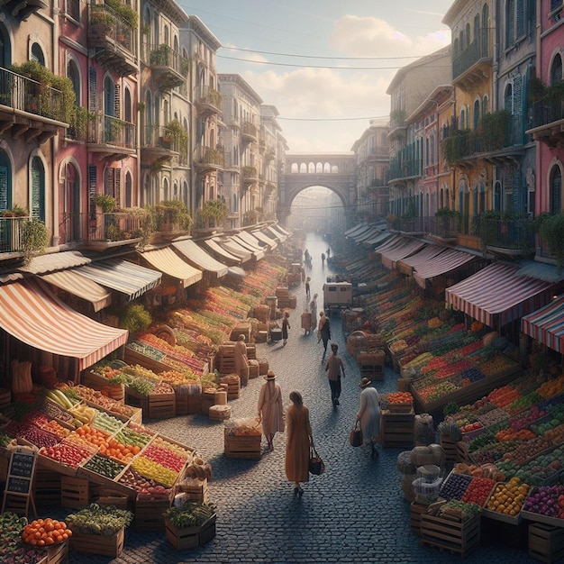 PSD stary kolorowy francuski rynek uliczny zatłoczony ludźmi w tłumionych kolorach ilustracja