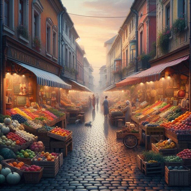 PSD stary kolorowy francuski rynek uliczny zatłoczony ludźmi w tłumionych kolorach ilustracja