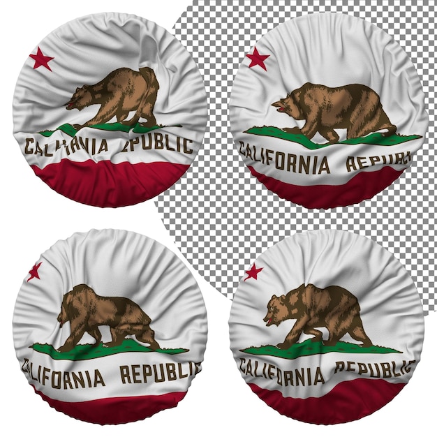 PSD state of california flag round shape isolated different waving style bump texture 3d rendering