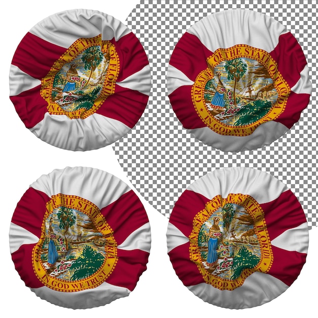 PSD state of florida flag round shape isolated different waving style bump texture 3d rendering