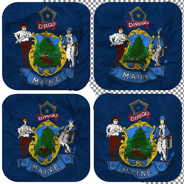 PSD state of maine flag squire shape isolated different waving style bump texture 3d rendering