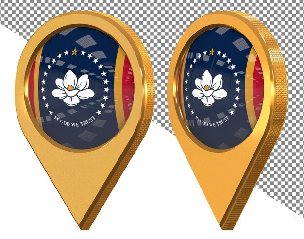 다른 각도의 3D 렌더링으로 분리된 미시시피 주 위치 아이콘 플래그