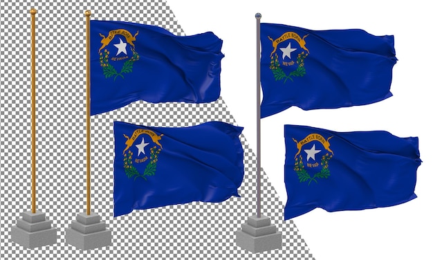 PSD state of nevada flag waving different style with stand pole isolated 3d rendering