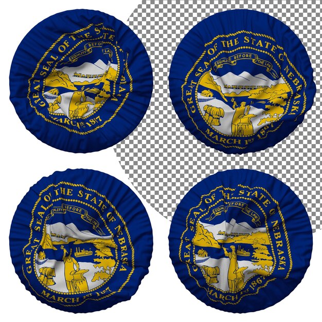 State of Nebraska Flag Round Shape Isolated Different Waving Style Bump Texture 3D Rendering