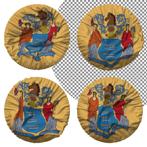 State of New Jersey Flag Round Shape Isolated Different Waving Style Bump Texture 3D Rendering