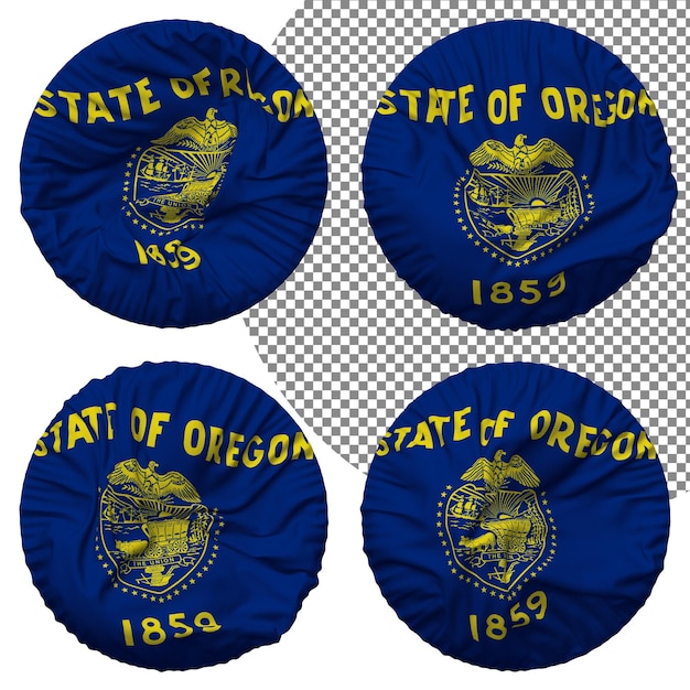 PSD bandiera dello stato dell'oregon a forma rotonda isolata con diversi stili di ondulazione, bump texture, rendering 3d