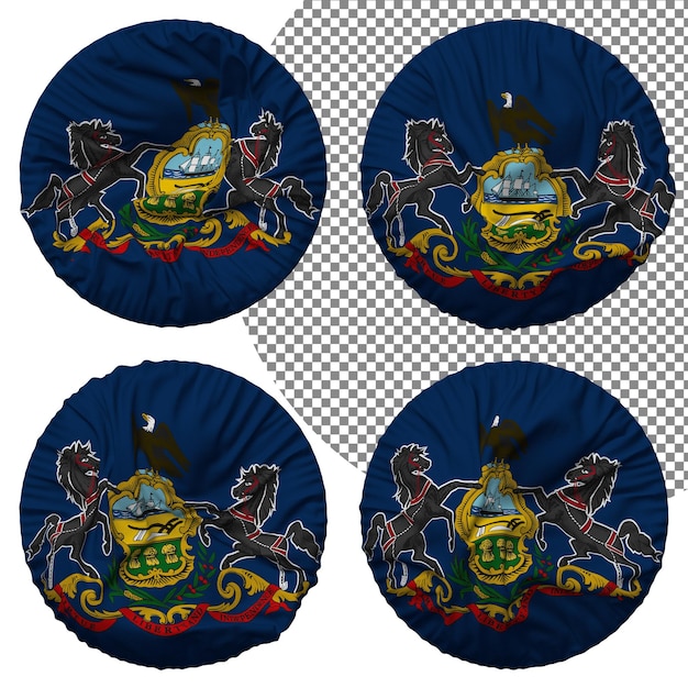 PSD bandiera dello stato della pennsylvania a forma rotonda isolata con diversi stili di ondulazione bump texture rendering 3d