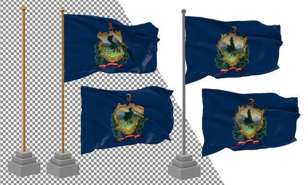 PSD state of vermont flag waving different style with stand pole isolated 3d rendering