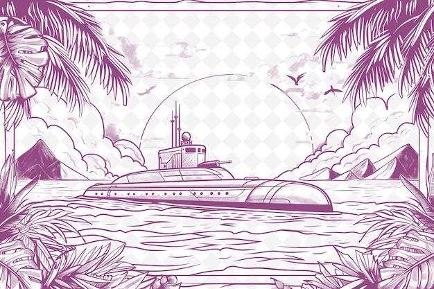 PSD statek na morzu z drzewami palmowymi i słońcem na tle