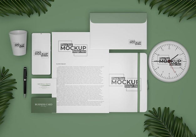 Stationery brand mockup with clean green concept