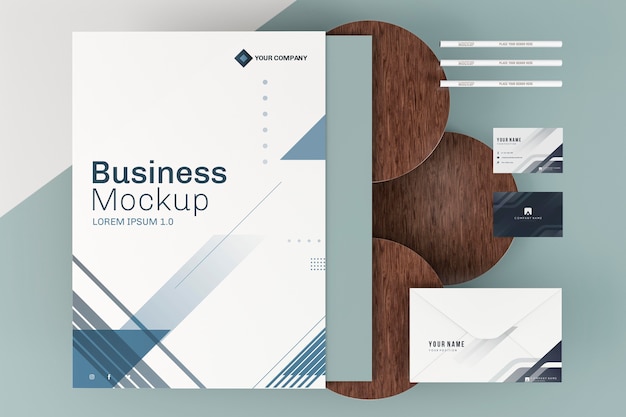 PSD stationery business poster mock-up and wooden boards