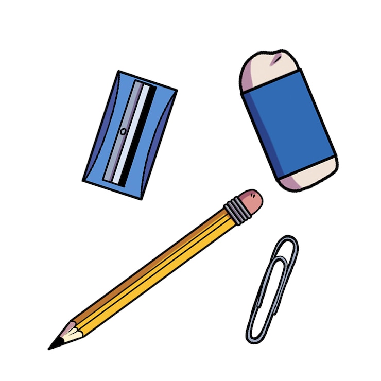 PSD stationery collection drawing of pencil paperclip eraser and pencil sharpener