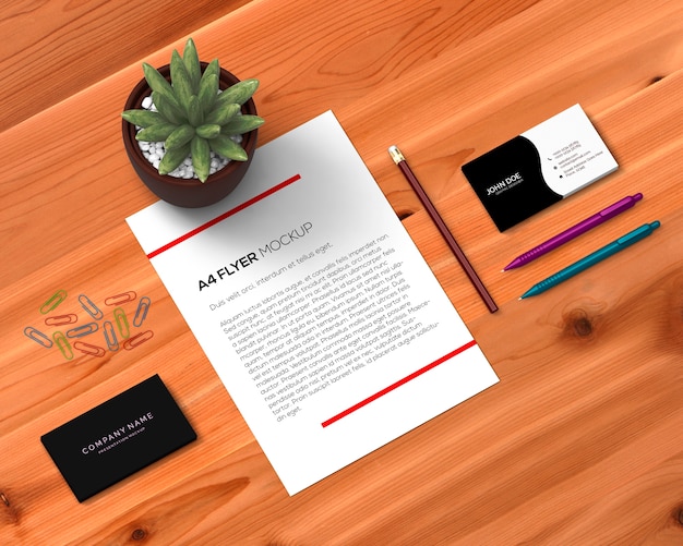 PSD concetto di cancelleria con mockup a4 flyer