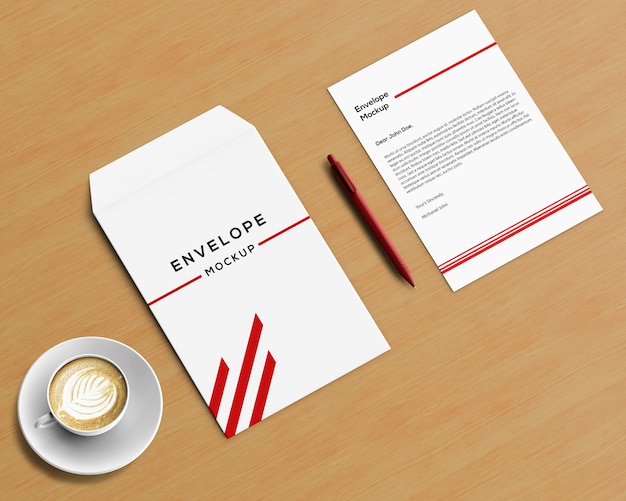 Stationery concept with envelope mockup and coffee