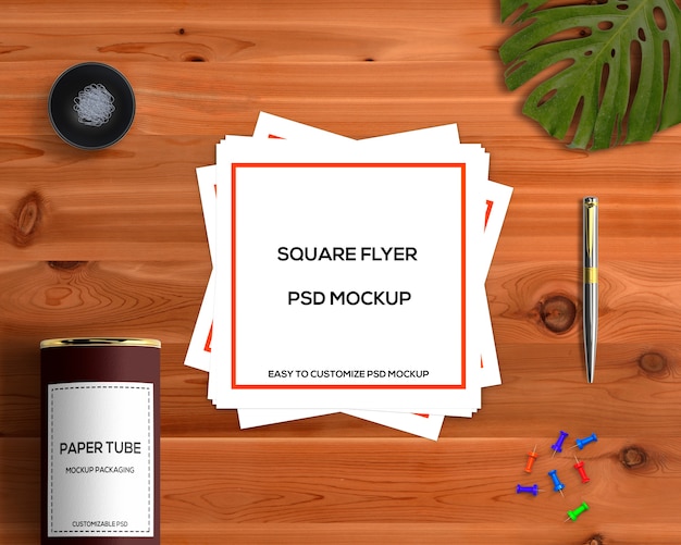 PSD stationery concept with square flyer mockup