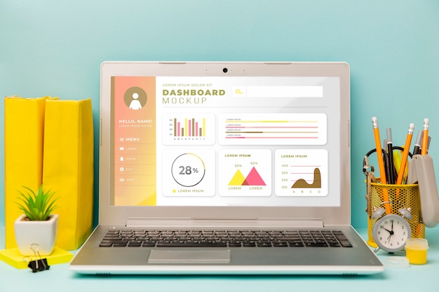 PSD stationery desk with laptop and desk plant