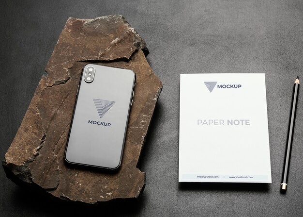 Stationery mock-up with dark rugged rock