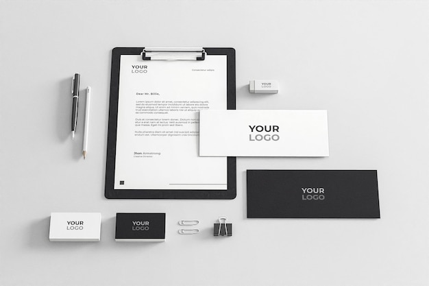 PSD mockup di cancelleria in bianco e nero azienda business realistico