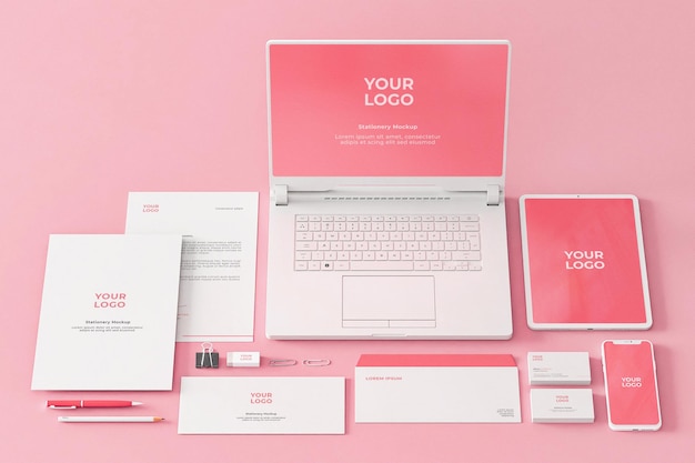 PSD stationery mockup pink business company phone laptop tablet