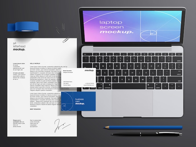 PSD stationery mockup set with macbook laptop screen, business cards and letterhead