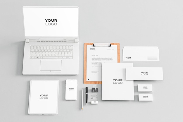 Stationery Mockup White Company Business Laptop Phone Tablet