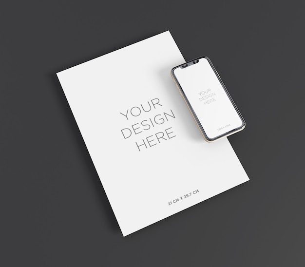 Stationery mockup with a4 paper and smartphone perspective view