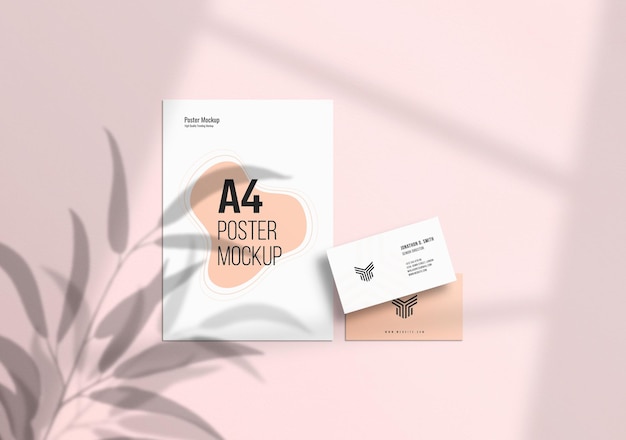 Stationery mockup with flyer or poster and business card with leaf shadow