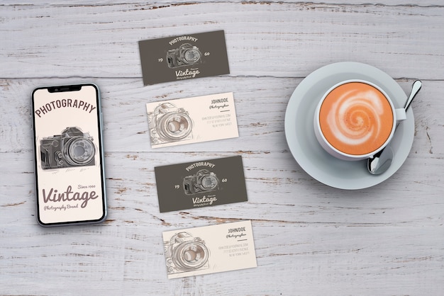 Stationery mockup with photography concept and business cards