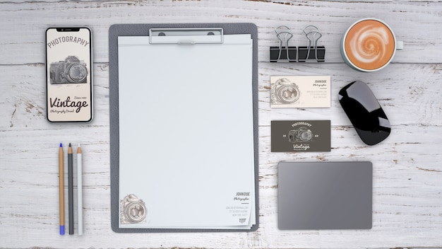 PSD stationery mockup with photography concept and clipboard